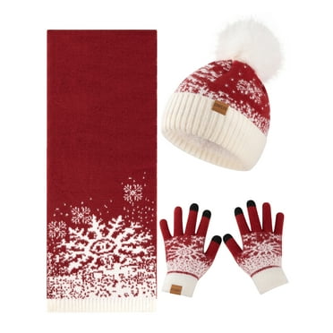 COOPLUS Christmas Beanie Hat Scarf Gloves Set for Women,Winter Hat With Pom Pom Warm Scarf Touchscreen Gloves for Christmas Gift