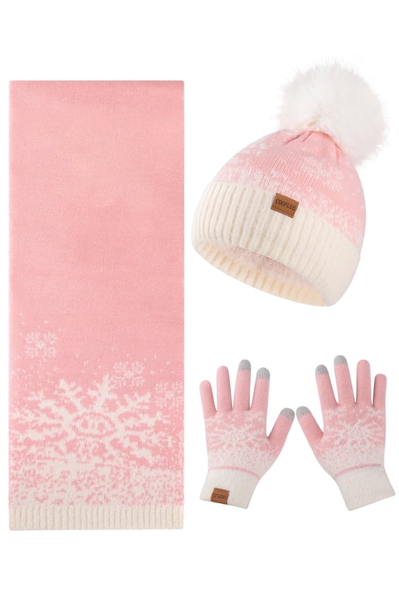 Beanie Hat Scarf Gloves Set for Women,Winter Hat with Pom Pom Warm Scarf Touchscreen Gloves for Gift