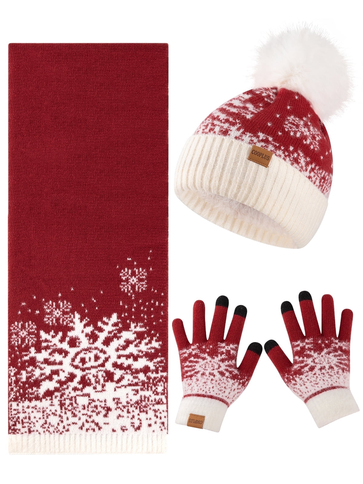 Women\'s Red White Winter Beanie Hat Scarf Gloves Set Pom Warm Christmas Gift Women\ main image 2