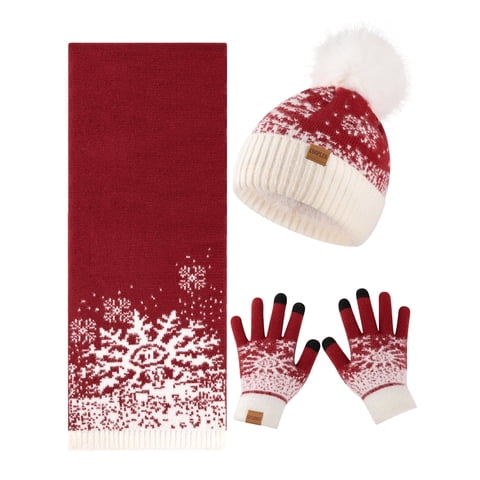 Beanie Hat Scarf Gloves Set for Women,Winter Hat with Pom Pom Warm Scarf Touchscreen Gloves for Gift