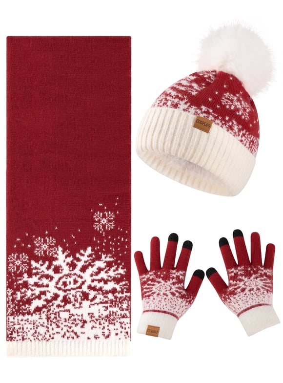 Beanie Hat Scarf Gloves Set for Women,Winter Hat with Pom Pom Warm Scarf Touchscreen Gloves for Gift