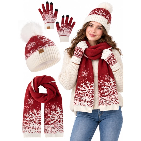 COOPLUS Beanie Hat Scarf Gloves Set for Women,Winter Hat with Pom Pom Warm Scarf Touchscreen Gloves for Gift