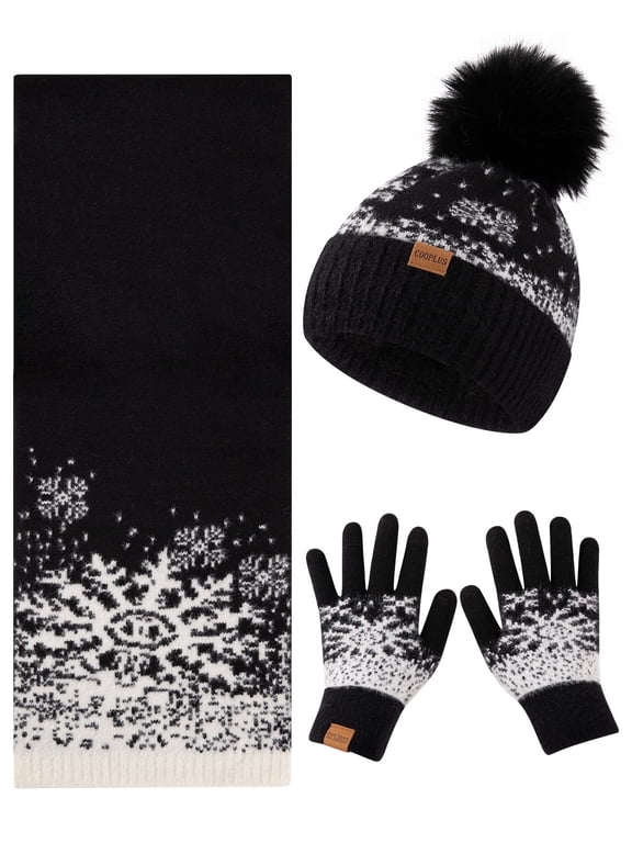 Beanie Hat Scarf Gloves Set for Women,Winter Hat with Pom Pom Warm Scarf Touchscreen Gloves for Gift