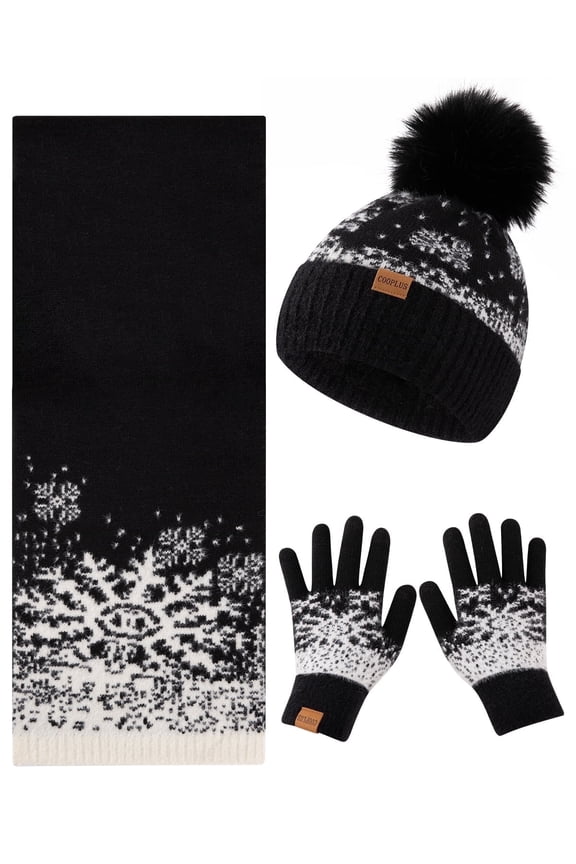 Beanie Hat Scarf Gloves Set for Women,Winter Hat with Pom Pom Warm Scarf Touchscreen Gloves for  Gift