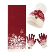 COOPLUS Christmas Beanie Hat Scarf Gloves Set for Women,Winter Hat With Pom Pom Warm Scarf Touchscreen Gloves for Gift