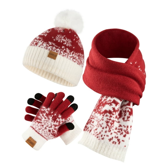 COOPLUS Christmas Beanie Hat Scarf Gloves Set for Kids Winter Soft Hat and Knit Scarf Warmer Gloves Set for Christmas Gifts
