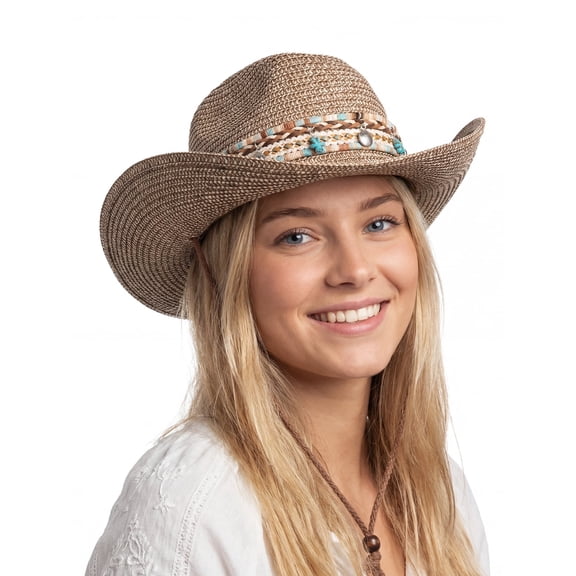 COOPLUS Cowboy Hat for Women Adjustable Wide Brim Boho Braided Band Summer Beach Hat with Adjustable Chin Cord for Vacation
