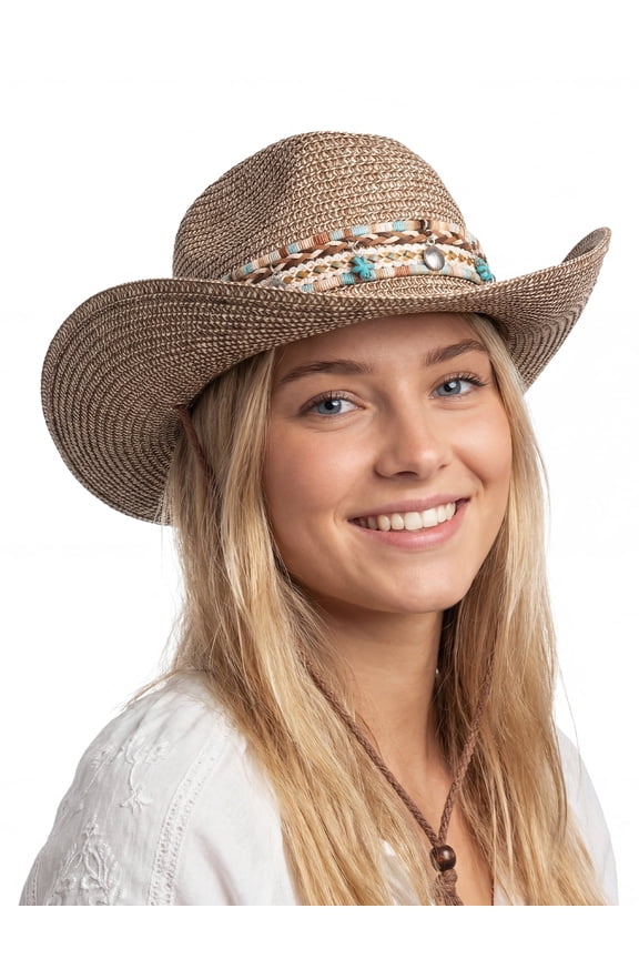 Cowboy Hat for Women Adjustable Wide Brim Boho Braided Band Summer Beach Hat with Adjustable Chin Cord for Vacation