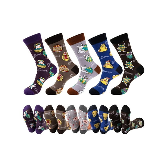 COOPLUS Easter Socks for Men Funny Bunny Egg Patterned Crew Socks Novelty Gifts 5 Pack (Size 10-13)