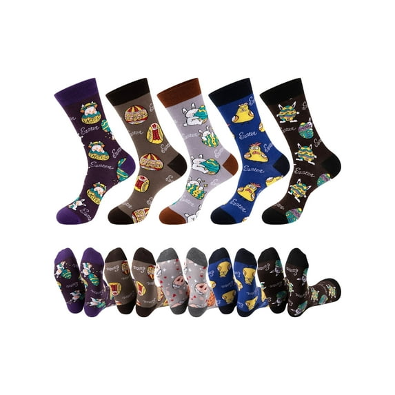 COOPLUS Easter Socks for Men Funny Bunny Egg Patterned Crew Socks Novelty Gifts 5 Pack (Size 10-13)