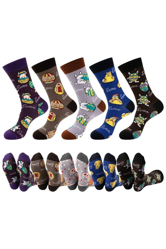 Easter Socks for Men Funny Bunny Egg Patterned Crew Socks Novelty Gifts 5 Pack (Size 10-13)