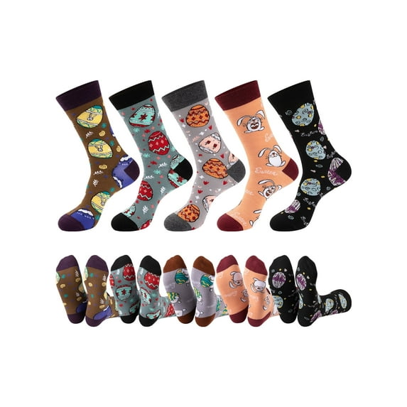 COOPLUS Easter Socks for Men Funny Bunny Egg Patterned Crew Socks Novelty Gifts 5 Pack (Size 10-13)