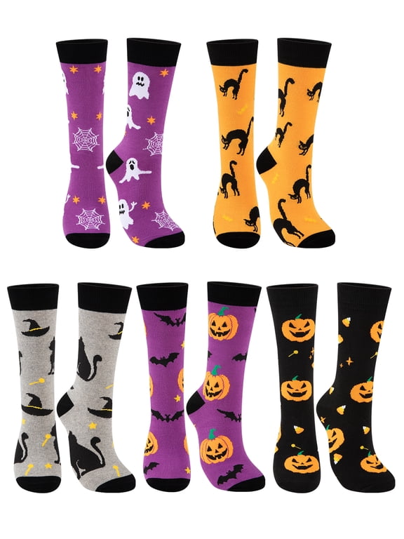 Halloween Socks for Women Pumpkins Ghosts Print Funny Crew Socks 5 Pairs