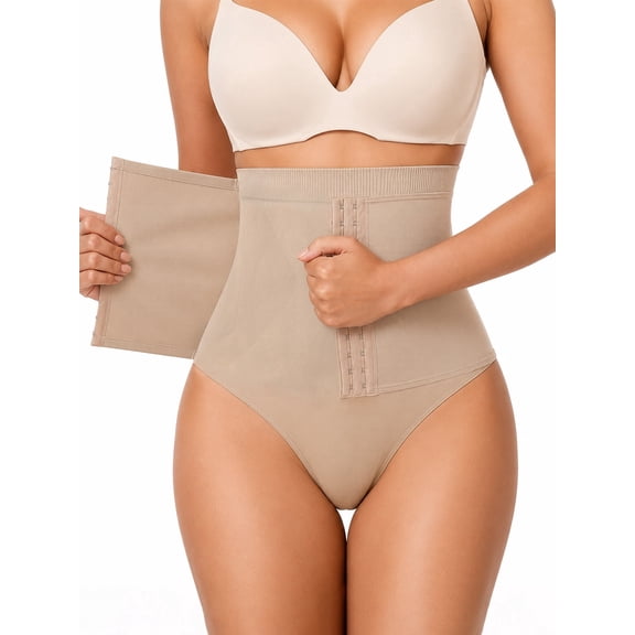 COOPLUS High Waisted Tummy & Butt Lifter Thong Shapewear for Women, Adjustable Hook-and-Eye Firm Compression Waist Cincher