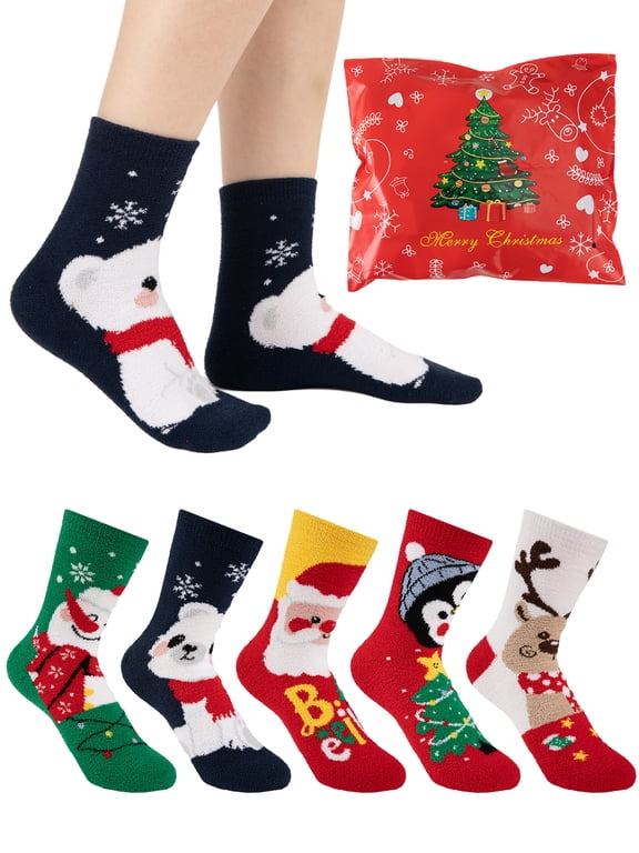 Kids Christmas Socks 5 Pairs Boys Girls Fuzzy Soft Cartoon Holiday Gift Set Gift Bag Greeting Card