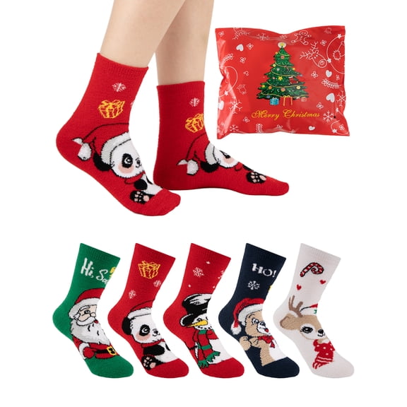 COOPLUS Kids Christmas Socks 5 Pairs Boys Girls Fuzzy Soft Cartoon Holiday Gift Set Gift Bag Greeting Card