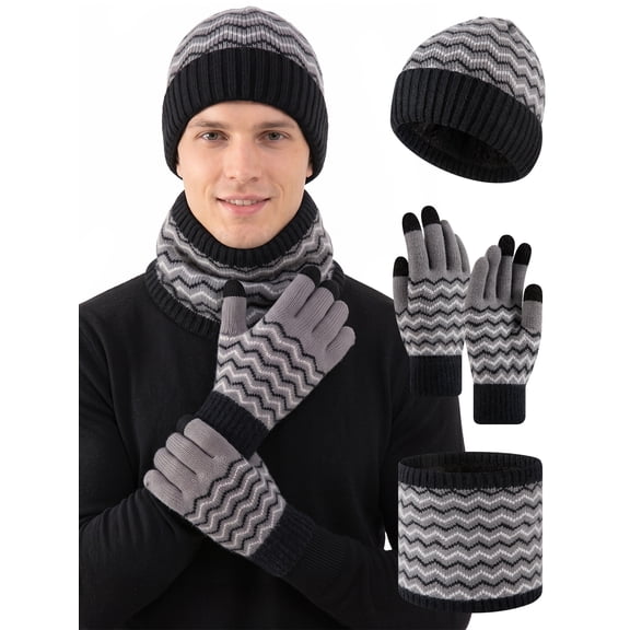 COOPLUS Men's 3-Piece Winter Knit Hat, Neck Gaiter & Touchscreen Gloves Set, Chevron Striped Fleece Lined Cold Weather Accessories
