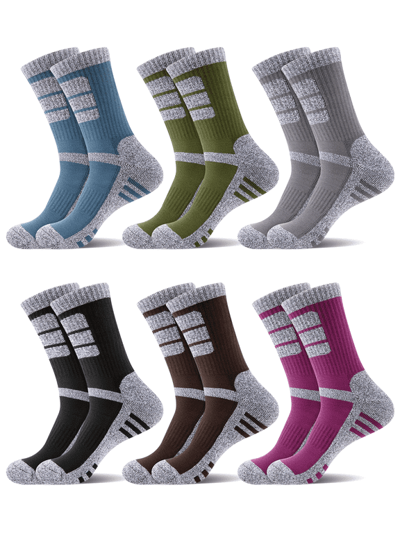 Mens 6 Pack Hiking Crew Socks Cushioned Moisture Wicking Athletic Outdoor Trekking Boot Socks