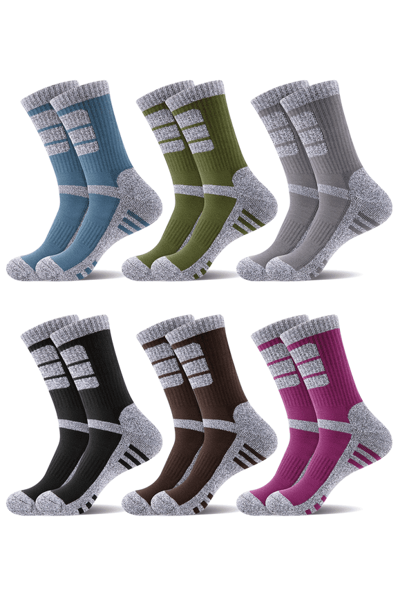 Mens 6 Pack Hiking Crew Socks Cushioned Moisture Wicking Athletic Outdoor Trekking Boot Socks
