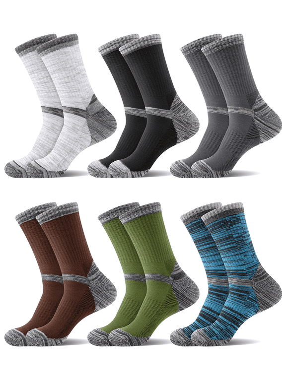 Mens 6 Pack Hiking Crew Socks Cushioned Moisture Wicking Athletic Outdoor Trekking Boot Socks