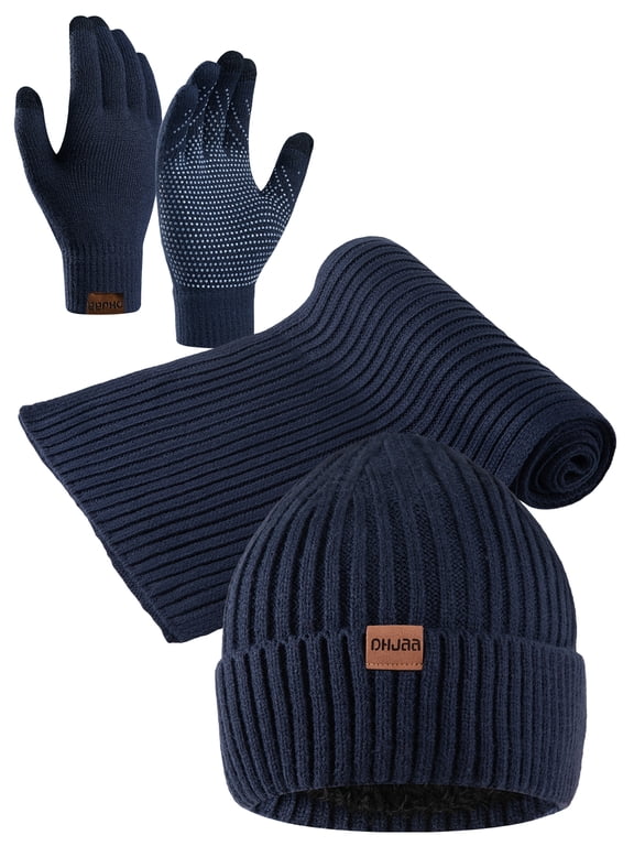 Mens Winter Warm Knit Beanie Hat Touchscreen Gloves Neck Scarf Set Best Gifts for Men