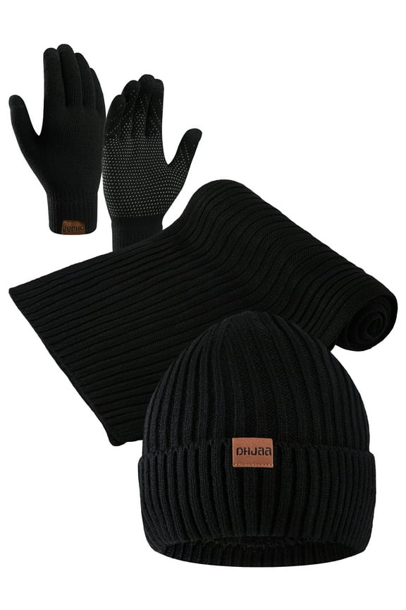 Mens Winter Warm Knit Beanie Hat Touchscreen Gloves Neck Scarf Set Best Gifts for Men