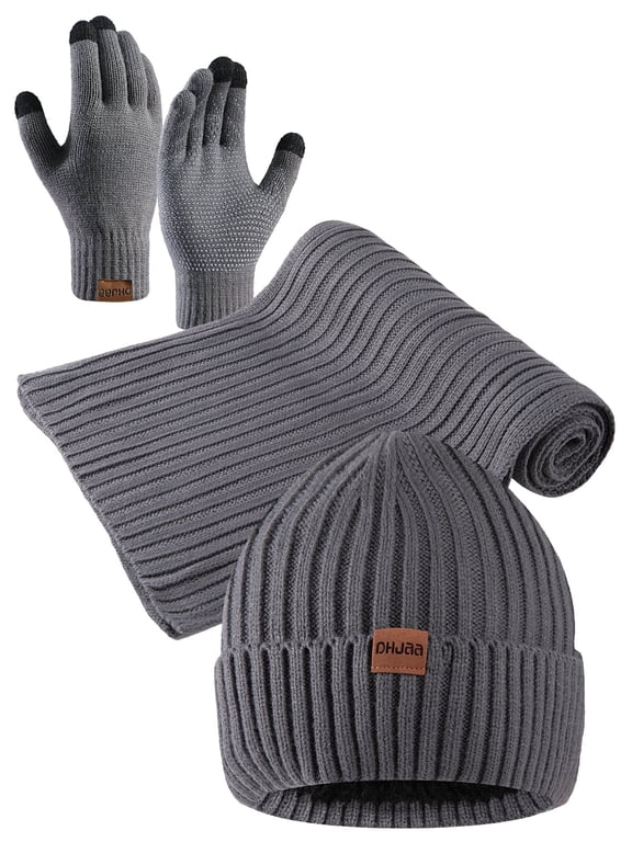 Mens Winter Warm Knit Beanie Hat Touchscreen Gloves Neck Scarf Set Best Gifts for Men