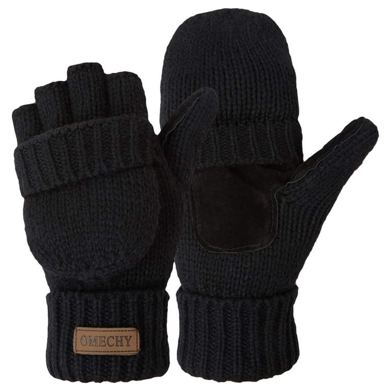 OMECHY Winter Knitted Fingerless Wool Gloves Thermal Insulation Warm Convertible Mittens Flap Cover for Men Women