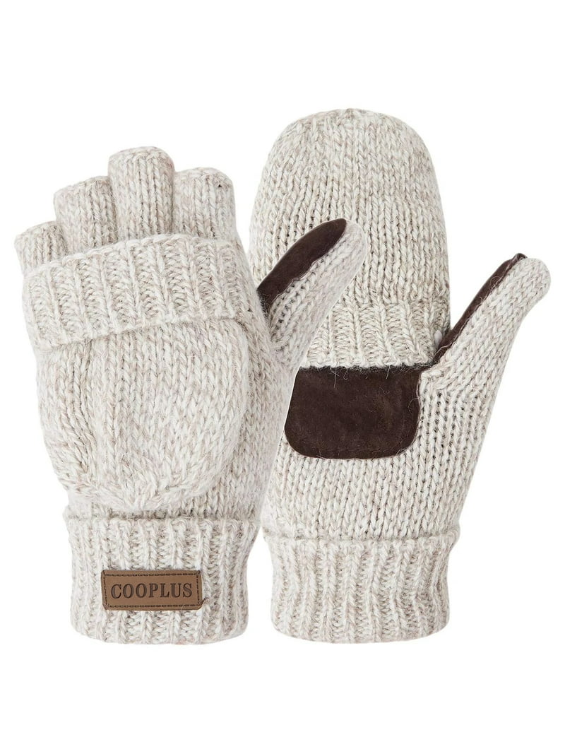 Cooplus Winter Wool Mittens, Fingerless Convertible Gloves, Warm