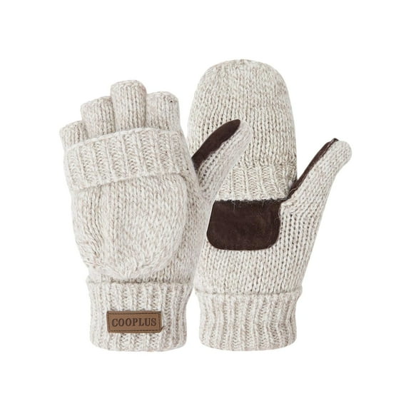 COOPLUS Mittens Winter Fingerless Gloves Warm Wool Knitted Gloves Convertible Gloves for Men and Women