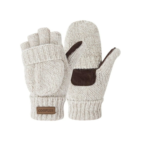 COOPLUS Mittens Winter Fingerless Gloves Warm Wool Knitted Gloves Convertible Gloves for Men and Women