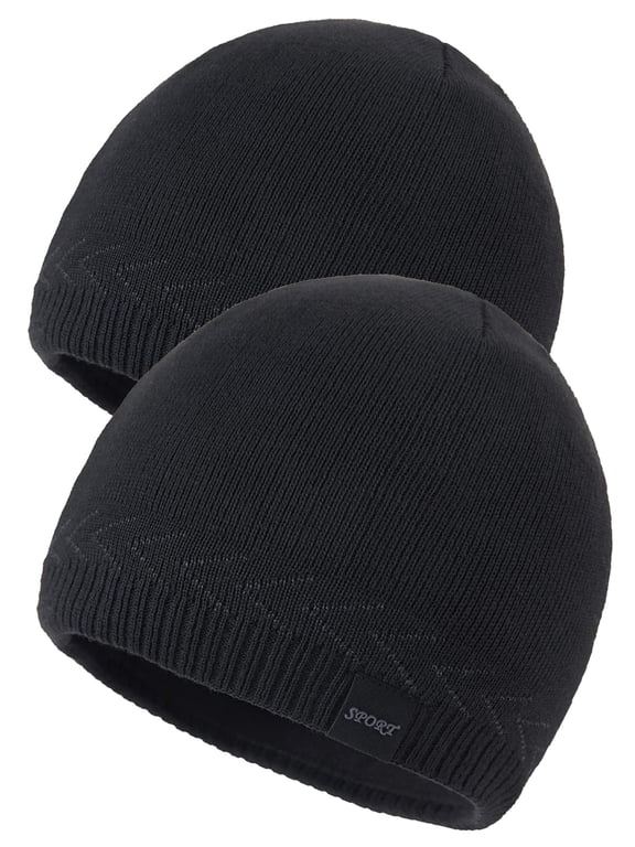 Slouchy Beanie Hats for Men Warm Winter Hats Mens Beanie Cap Lined Knit Cuff Daily Hat (Black 2 Piece)