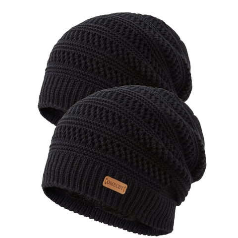 Slouchy Beanie Hats for Men Warm Winter Hats Mens Beanie Cap Lined Knit Thick Hat (Black 2 Piece)