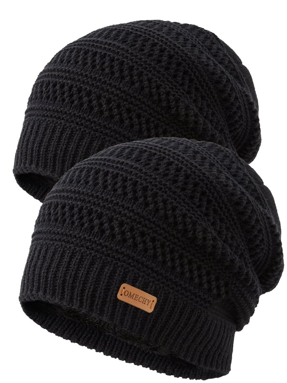 Slouchy Beanie Hats for Men Warm Winter Hats Mens Beanie Cap Lined Knit Thick Hat (Black 2 Piece)