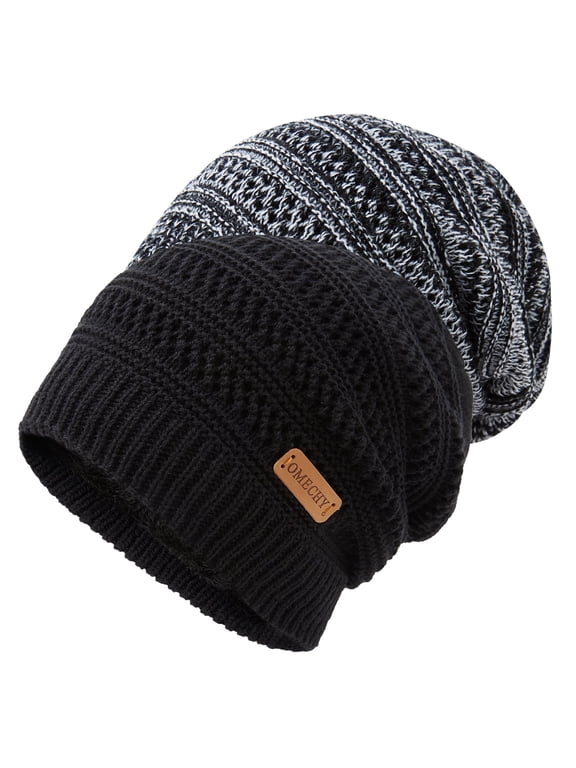 Slouchy Beanie Hats for Men Warm Winter Hats Mens Beanie Cap Lined Knit Thick Hat (Black + Black & White 2 Pieces)