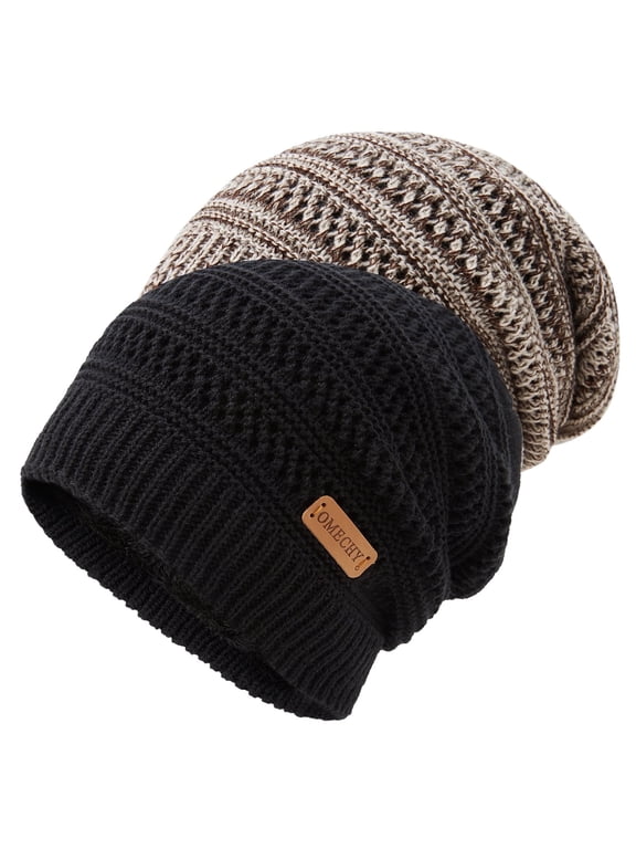 Slouchy Beanie Hats for Men Warm Winter Hats Mens Beanie Cap Lined Knit Thick Hat (Black+Brown 2 Pieces)
