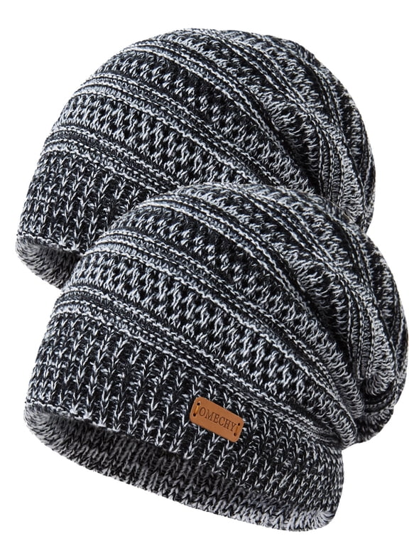 Slouchy Beanie Hats for Men Warm Winter Hats Mens Beanie Cap Lined Knit Thick Hat (Black & White 2 Piece)