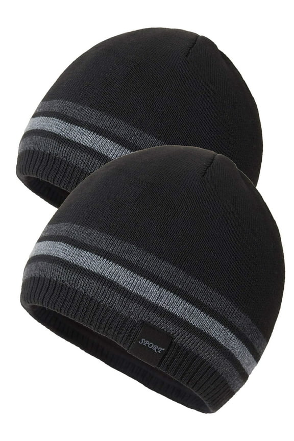 Slouchy Hats for Men Warm Winter Hats Mens Beanie Cap Lined Knit Cuff Daily Beanie Hat （Black 2 Piece）