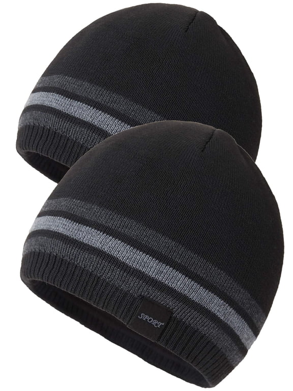 Slouchy Hats for Men Warm Winter Hats Mens Beanie Cap Lined Knit Cuff Daily Beanie Hat (Black 2 Piece)
