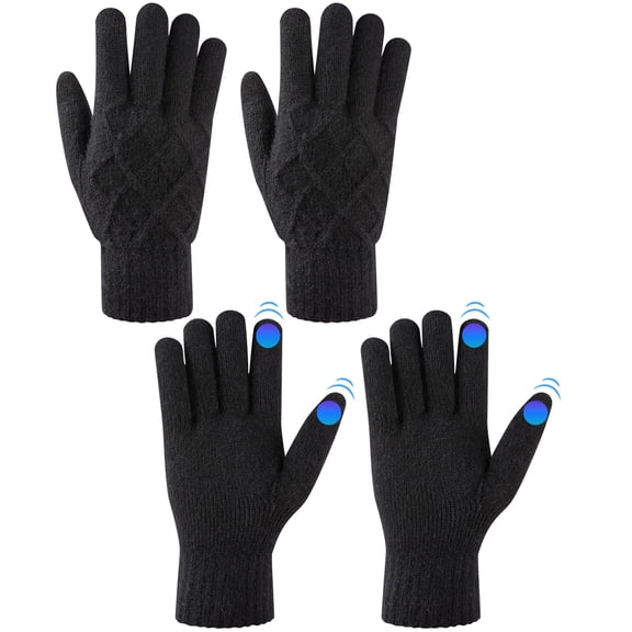 COOPLUS Winter Gloves for Men Wool Thermal Fleece 2 Pairs, Touchscreen Knit Warm Snow Gloves for Running Cycling Cold Weather