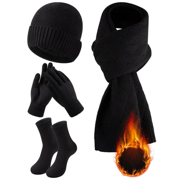 COOPLUS 4 Pieces Winter Beanie Hat Scarf Touchscreen Gloves and Thick Socks Set Knit Fleece Lined Warmer for Men