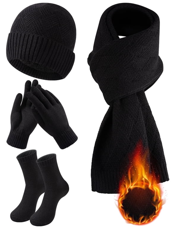 4 Pieces Winter Beanie Hat Scarf Touchscreen Gloves and Thick Socks Set Knit Fleece Lined Warmer for Men