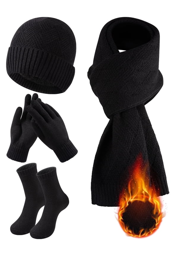 4 Pieces Winter Beanie Hat Scarf Touchscreen Gloves and Thick Socks Set Knit Fleece Lined Warmer for Men
