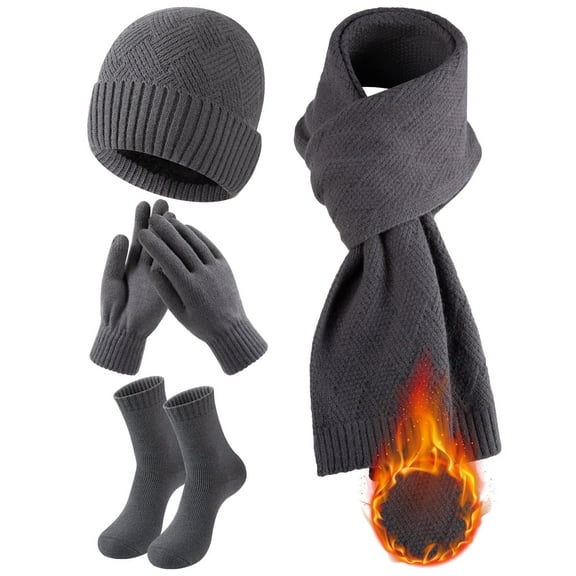 COOPLUS 4 Pieces Winter Beanie Hat Scarf Touchscreen Gloves and Thick Socks Set Knit Fleece Lined Warmer for Men