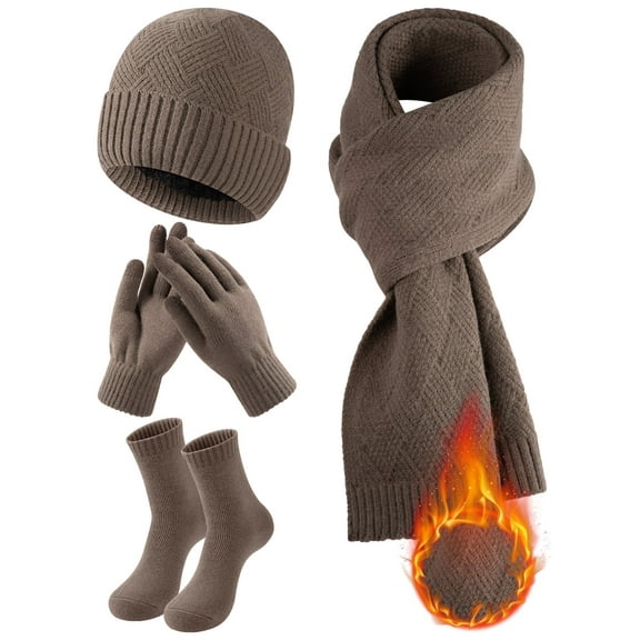 COOPLUS 4 Pieces Winter Beanie Hat Scarf Touchscreen Gloves and Thick Socks Set Knit Fleece Lined Warmer for Men