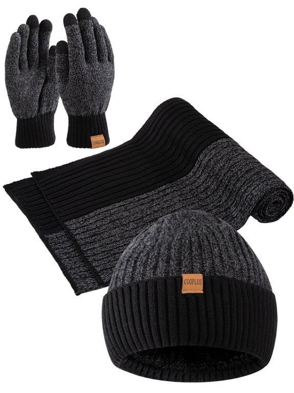 Winter Mens Set with Warm Knit Beanie Hat Touchscreen Gloves Neck Scarf Best Gifts for Men