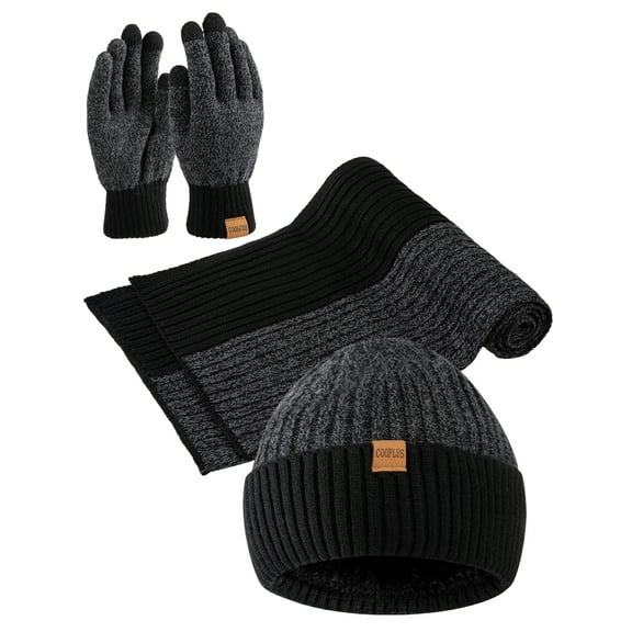 COOPLUS Winter Mens Set with Warm Knit Beanie Hat Touchscreen Gloves Neck Scarf Best Gifts for Men