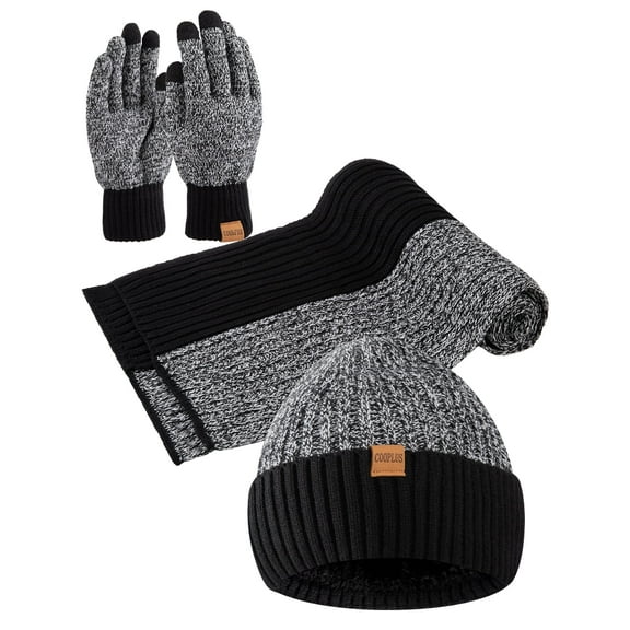 COOPLUS Winter Mens Set with Warm Knit Beanie Hat Touchscreen Gloves Neck Scarf Best Gifts for Men