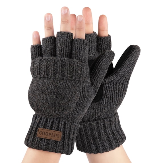 COOPLUS Winter Mittens Fingerless Gloves Wool Knitted Warm Gloves Convertible Gloves Men and Women