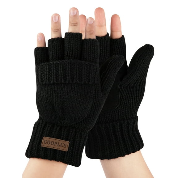 COOPLUS Winter Mittens Fingerless Gloves Wool Knitted Warm Gloves Convertible Gloves Men and Women